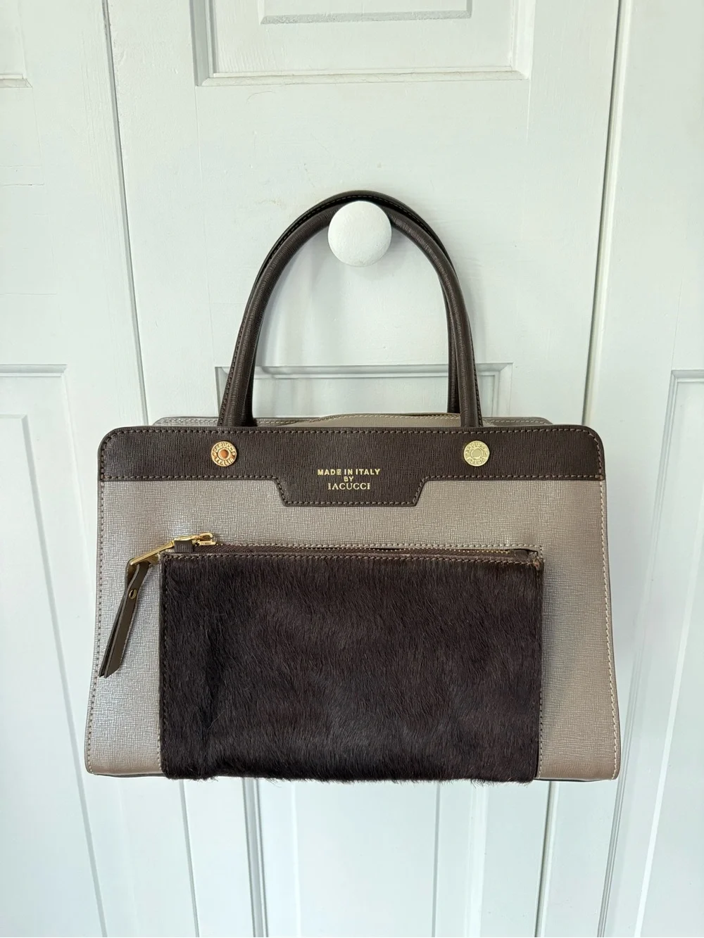 Stylish Taupe and Dark Brown Italian-Made Leather Iacucci Bag with Fur Pocket